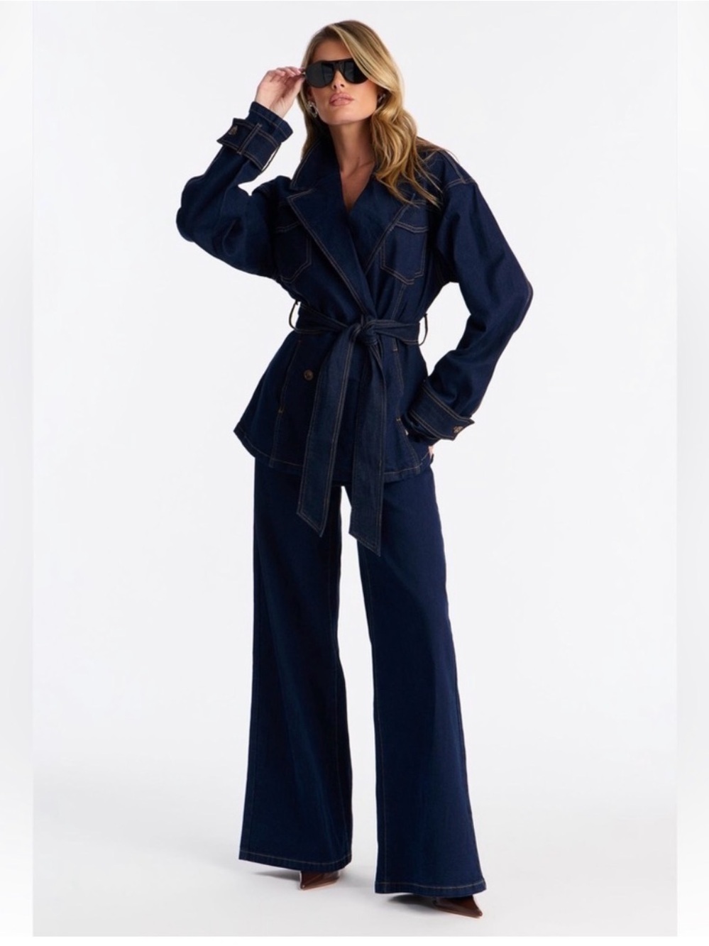 Fashion Nova Dark Navy Belted Denim Jacket with Wide-Leg Pants
